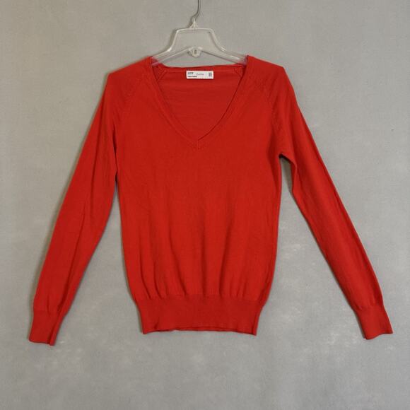 Zara Sweater Women Sz XL Red V-Neck Lightweight Casual Festive Christmas Holiday - Picture 1 of 13